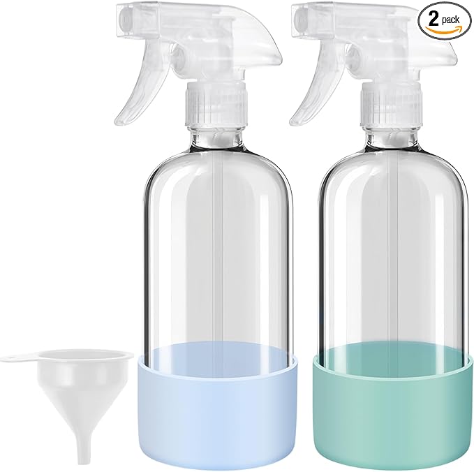 Glass Spray Bottles with Silicone Sleeves (2 Pack, 16 oz), Mist and Stream Empty Refillable Containers, Water Sprayer Misting Bottle for Cleaning Solutions, Planting, Hair Spraying, Green & Grey