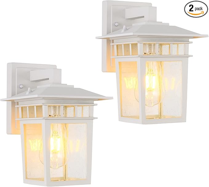 Outdoor Wall Lantern, Exterior Lighting Fixtures Wall Mount, 2 Pack White Outdoor Sconces with Seeded Glass, Exterior Porch/Patio Lights for House Front Door Garage