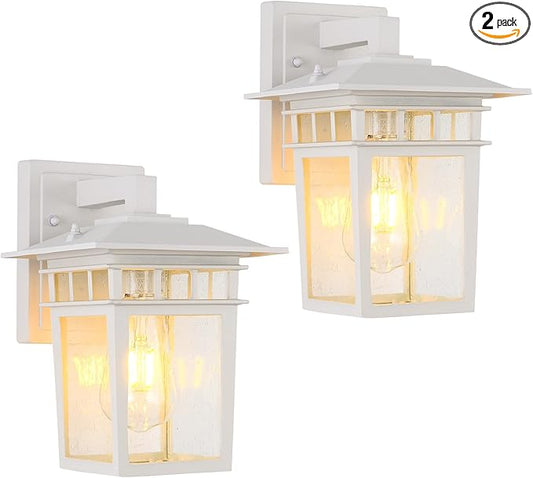Outdoor Wall Lantern, Exterior Lighting Fixtures Wall Mount, 2 Pack White Outdoor Sconces with Seeded Glass, Exterior Porch/Patio Lights for House Front Door Garage