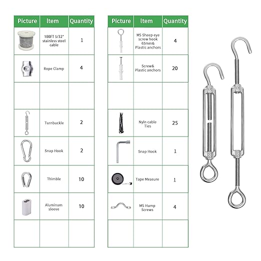5/32" Wire Cable Rope Kit ，Vinyl Coated 304 Stainless Steel Wire – 100FT 7x7 Strand Cable with Turnbuckles，String Lights Hanging Kit for Outdoor, Garden,Patio, Crafts, Hanging Lights