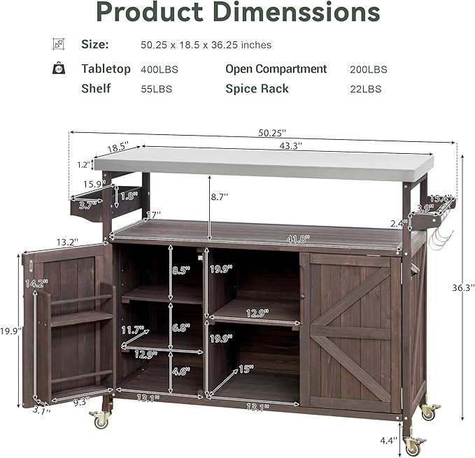 50.25" W Grill Cart with Stainless Steel Tabletop - Outdoor Storage Cabinet for BBQ, Bar Patio Kitchen Island with Ample Storage and Lockable Wheels