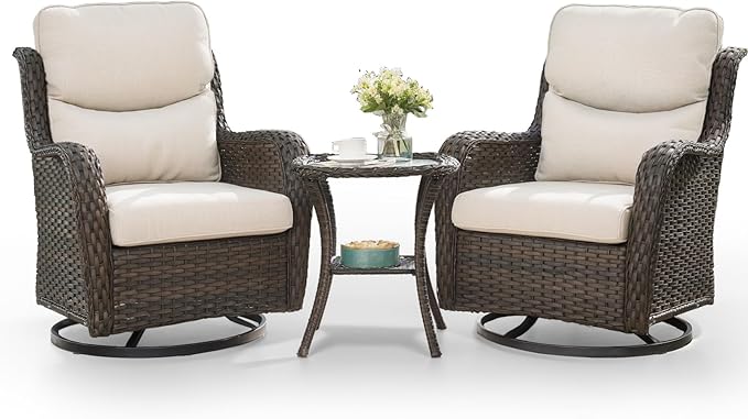 HUMMUH High Back Outdoor Swivel Rocker Patio Chairs Set of 2, with 5-Inch Thick Cushions and Side Table, Ideal for Porch,Poolside, Deck, and Yard