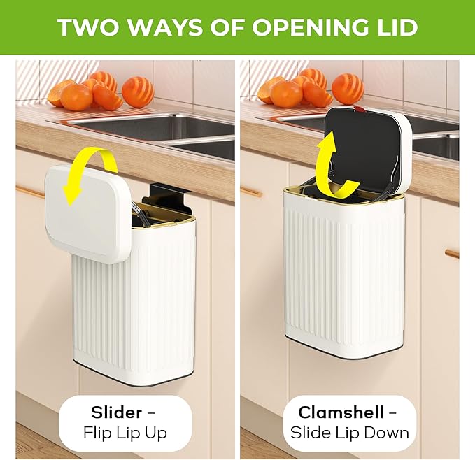 Kitchen Compost Bin Hanging Trash Can with Lid, 2.1 Gallon Stainless Steel Trash Can Compost Bin, Wall-Mount Indoor Kitchen Trash Bin for Cabinet, Under Sink, Bathroom (2.1 Gallon, 8L Ivory White)