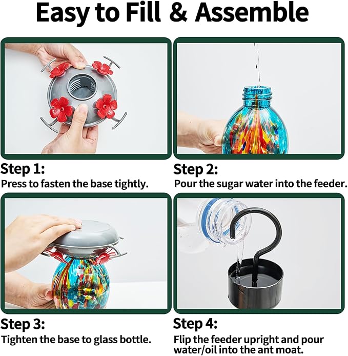 Muse Garden Hand Blown Glass Hummingbird Feeder - 19OZ Plastic Base Humming Bird Feeders for Outdoors Hanging, Garden Decor Gifts for Bird Lovers, Blue Fireworks