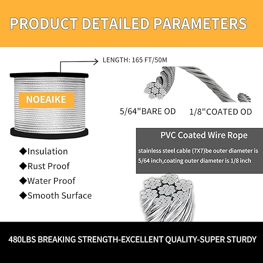 Wire Rope Kit,165FT 1/8" Vinyl Coated Stainless Steel Wire,Turnbuckles for Cables Wire,Metal Wire for Outdoor String Lights Hanging,Garden Wire,Clothes Line Cable