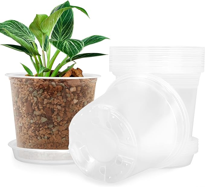 4/5/6/7 Inch Clear Nursery Pots for Plants with Sacuers 15 Pack, Plastic Flower Pots with Drainage Holes, Variety Pack Seedlings Garden Pot for Indoor Outdoor (6 inch)