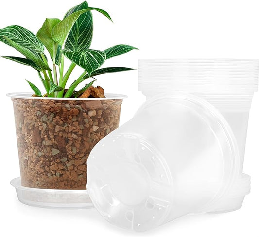 4/5/6/7 Inch Clear Nursery Pots for Plants with Sacuers 15 Pack, Plastic Flower Pots with Drainage Holes, Variety Pack Seedlings Garden Pot for Indoor Outdoor (6 inch)