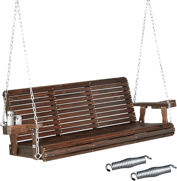 VINGLI XL Size Patio Wooden Porch Swing Outdoor with Cup Holders & Phone Slots, Heavy Duty 880 LBS Hanging Swing Chair Bench with Hanging Chains for Yard, Lawn, Garden (5 FT Pro, Rustic)