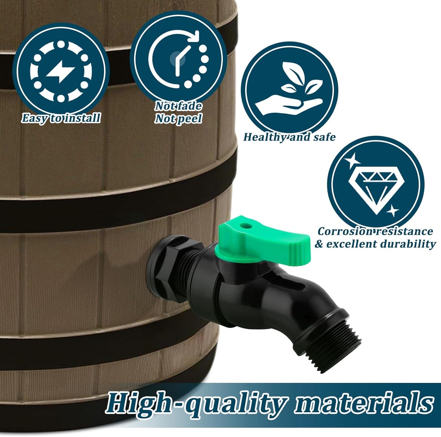 Plastics Rain Barrel Spigot Kit High Flow Valve Core Water Tank Faucet+PVC Bulkhead Fitting 1/2" NPT to 3/4" GHT Rain Barrel Spigot for Plastic Bucket Rainwater Drum Container Downspout Collector in
