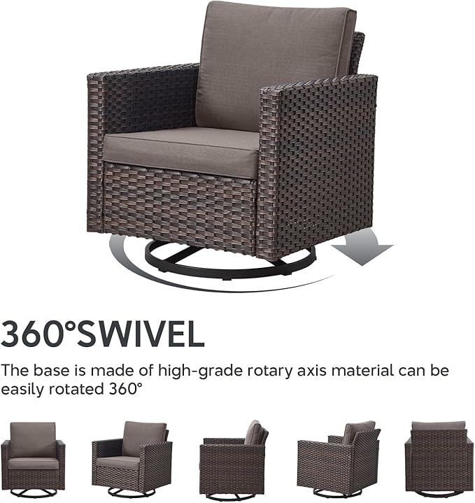7 Piece Wicker Patio Furniture Set - Outdoor Swivel Rocker Chairs Set with Coffee Table, Side Table, 3 Seat Sofa & Ottomans, Small Patio Conversation Sets for Balcony Deck - Brown/Grey