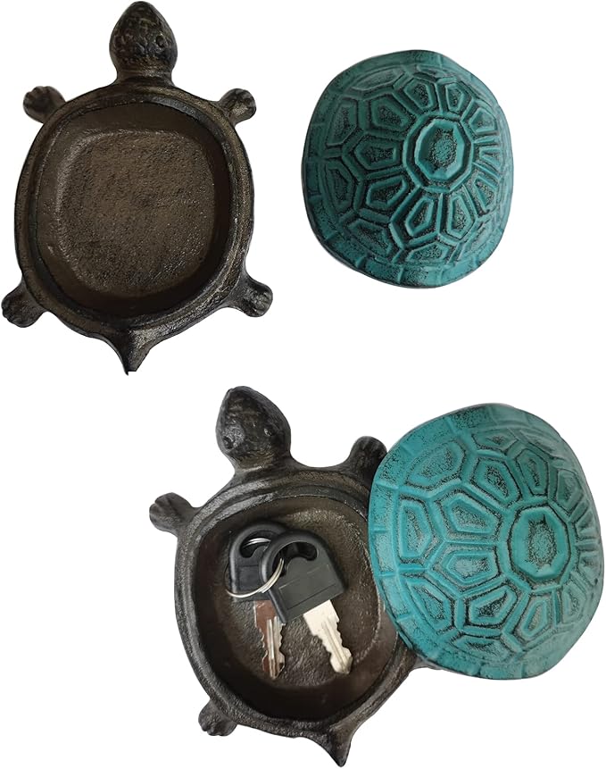 BSTGIFTS Cast Iron Turtle Key Hider - Spare Key Holder - Garden Decoration Turtle, Jewelry Trinkets Box for Key, Ear Studs, Ring, Paper Clip (Antique Blue)