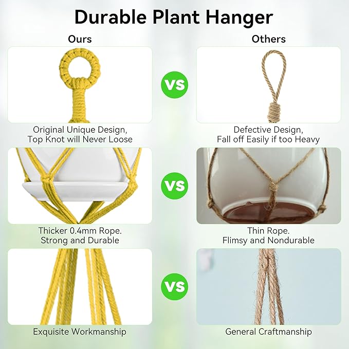 USLAI Macrame Plant Hanger Indoor Outdoor, Up to 4-15 inch Pot, Heavy 20lb Planters, Extra Long Strong Hanging Planter Basket Holder, Boho Home Decor, 35+72 Inch, Yellow (POTS NOT Included)
