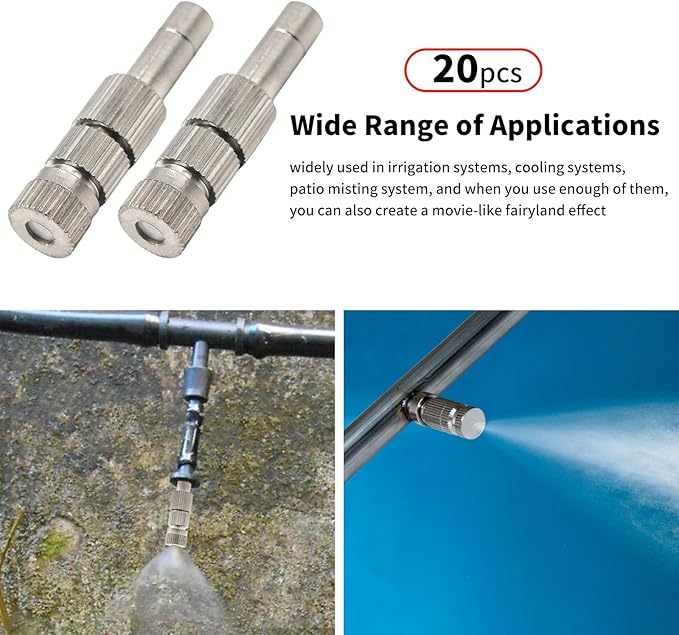 20pcs 6mm Brass Mister Nozzles with Filter, 0.006"/0.15mm Orifice Misting Nozzles for Outdoor Cooling System, Landscaping, Air Humidification, Greenhouse Irrigation