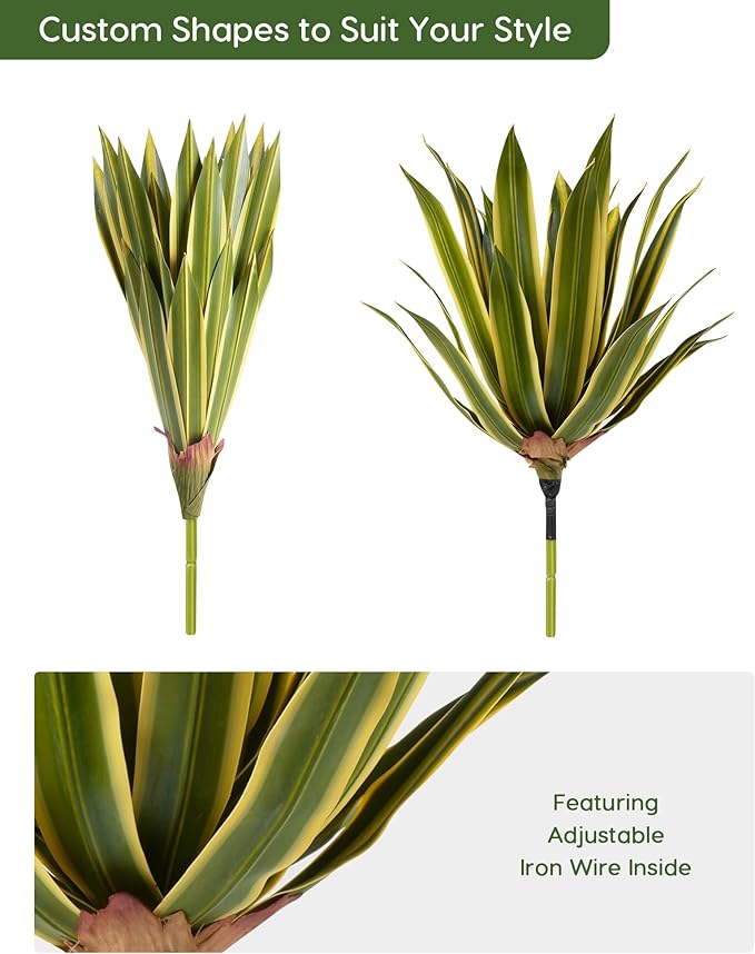 Velener Artificial Outdoor Agave Plants, Golden Outdoor Faux Plants with Broad Sword-Shaped Leaves, Small Size UV Resistant Fake Agave Plants for Indoor and Outdoor Decor(14 Inch)-2 Pack