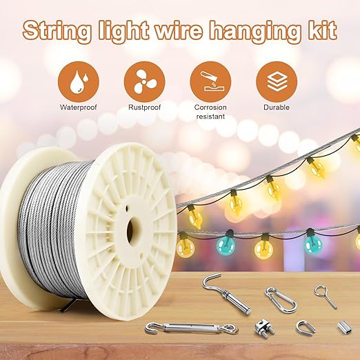 1/8" Vinyl Coated Wire Rope Kit with Work Gloves, 300FT Stainless Steel String Light Hanging Kit with Turnbuckle,7x7 Strand 920LB Strength Clothes Line Cable for Outdoor, Crafts, Garden