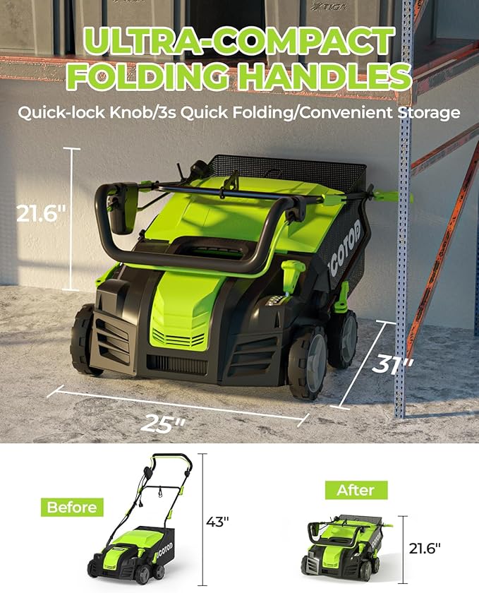 2-in-1 16-Inch Dethatcher & Scarifier Electric Corded, 15 Amp Copper Motor, Electric Lawn Dethatcher with 5-Position Depth Adjustment, 14.5 gal Thatch Bag,Walk Behind for Yard Lawn Garden Care