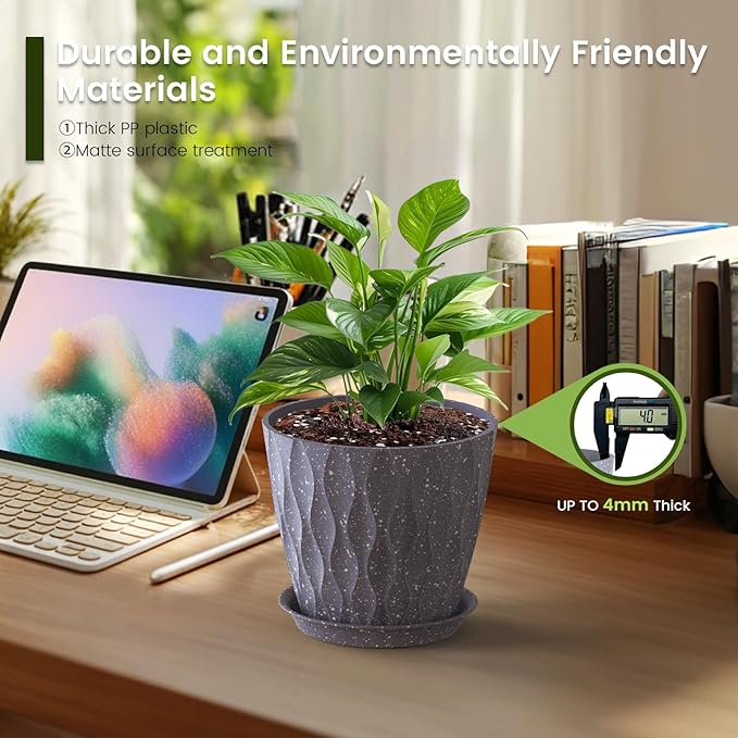 7 inch Plant Pots for Indoor Outdoor Plants, 5 Pack Thick Flower Pots with Drainage Holes and Saucers, 3D Modern Wave Texture Plastic Planter Nursery Pots, Speckled Grey