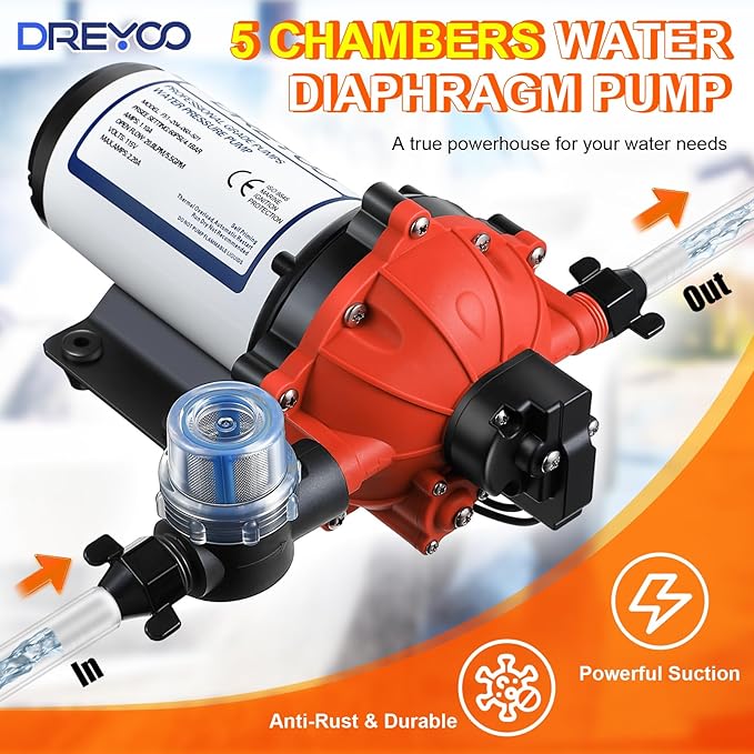 Dreyoo Water Diaphragm Pump, 115V AC, 5.5 GPM, 60 PSI Rated Pressure, 1/2" Threaded MNPT Self Priming Diaphragm Pressure Pump with Pressure Switch for Home, RV, Garden Agricultural Irrigation (Orange)