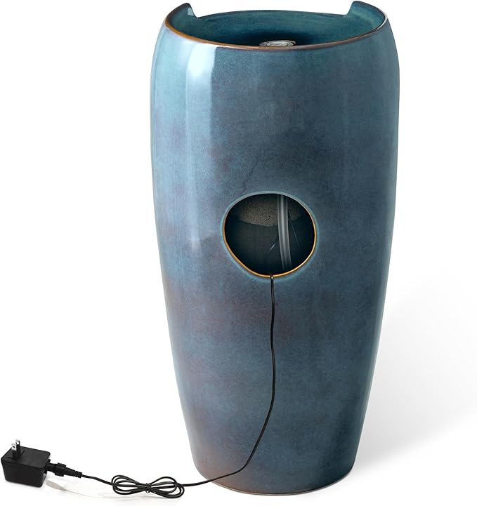 Glitzhome 29.25" H Oversized Ceramic Vase Outdoor Water Fountain Tall Patio Garden Water Fountain with LED Light and Submersible Pump Yard Art Decor, Turquoise