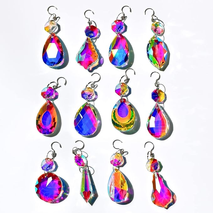 12pcs Hanging Glass Crystals Prism for Windows, Chandelier Decoration, Rainbow Maker Suncatcher