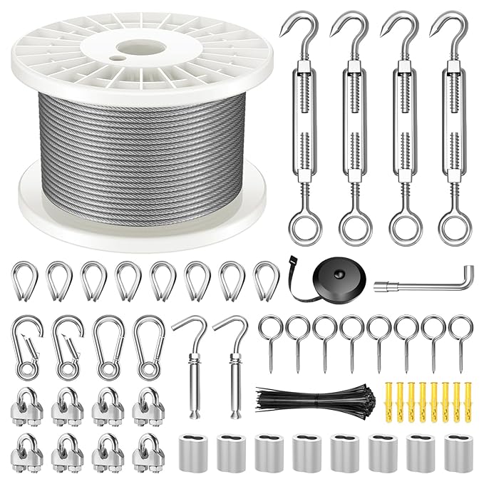 1/8" Wire Rope Kit, 100FT Steel Wire Cable, Vinyl Coated Stainless Steel Cable with Turnbuckles for Outdoor, Garden, Kitchen and Craft Projects