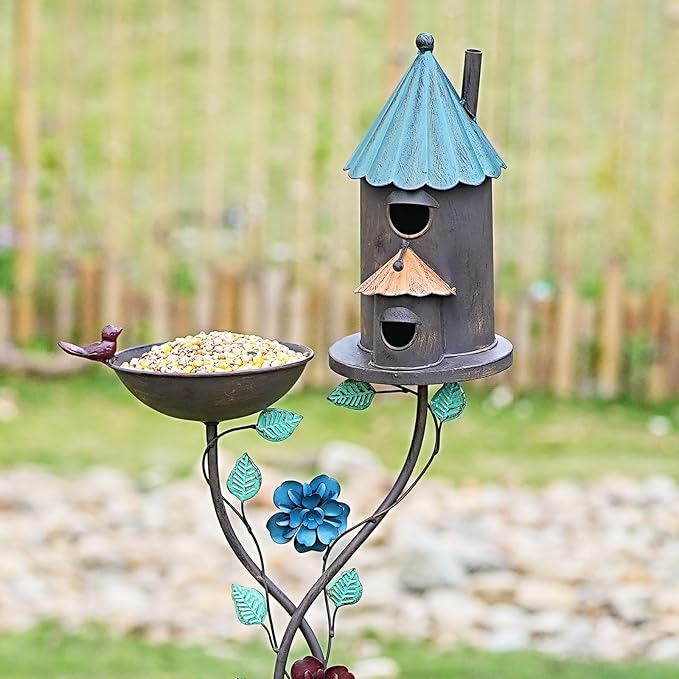 58” H Bird Baths for Outdoors, Metal Bird Bath and Bird House 2-in-1 Design, Birdbath and Bird Houses with Pole for Outside Garden Yard Decor