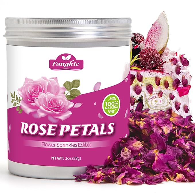 Fangkic Dried Rose Petals-1oz(28g) Dried Edible Flower Cake Decoration, Edible Rose Petal for Cocktails Drinks Baking Tea Soap & Candle Making, Gluten-Free, No Additives