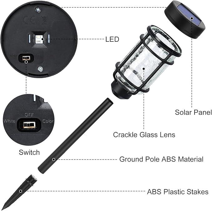 Solar Pathway Lights 6 Pack, Color Changing+Cool White LED Solar Lights Outdoor, Waterproof Solar Crackle Glass Stake Lights for Garden Path Walkway Backyard Lawn Landscape Decoration