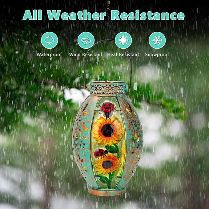 2 Pack Sunflower Solar Lantern,Retro Solar Lanterns Outdoor Waterproof,Stained Glass & Metal Hanging Solar Lantern,LED Tabletop Lamp Solar Lights,Sunflower Outdoor Solar Lanterns for Pathway