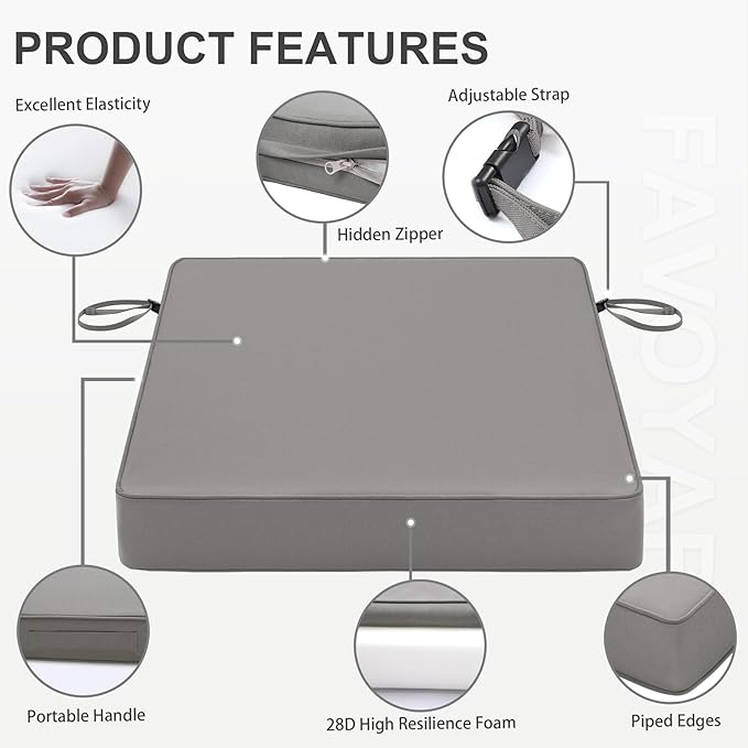 Favoyard Patio Chair Cushions 24 x 24 x 4 Inch Waterproof Outdoor Seat Cushions for Patio Furniture 3-Year Color Fastness Garden Sofa Couch Chair Pads with Handle & Adjustable Straps Set of 2, Grey
