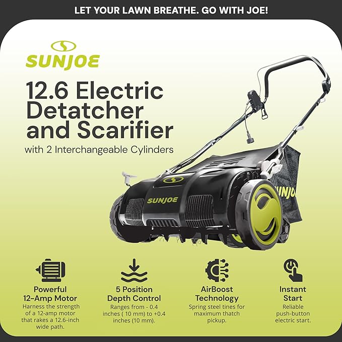 Sun Joe Electric Lawn Dethatcher & Scarifier with 8-Gal Bag, 12 Amp, 12.6 Inch, Black - Heavy Duty Gardening Machine and Equipment for Lawn, Yard, and Grass, AJ801E