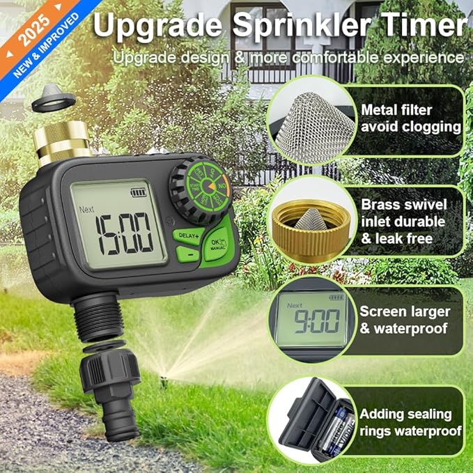 Sprinkler Timer Water Hose Timer - Programmable Digital Irrigation Outdoor Waterproof with Rain Delay, Manual, Automatic Watering System for Yard, Lawn, and Garden Hose Brass Inlet 1 Outlet