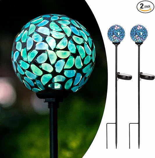 Afirst Solar Outdoor Lights Decorative Mosaic - Solar Garden Stakes Mosaic Gazing Ball Waterproof Outdoor Lights Stakes for Pathway Yard Lawn Decoration Navy Blue 2 Packs