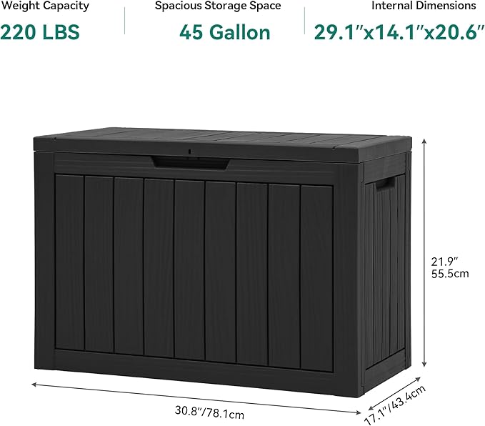 YITAHOME 45 Gallon Deck Box, Outdoor Storage Box for Patio Cushions, Outdoor Tools, Gardening Tools, Sports Equipment, and Throw Pillows, Lockable and Waterproof, Black