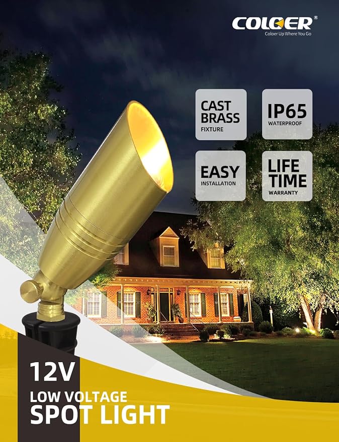 COLOER Die-cast Brass Landscape Spotlight 10-Pack with 5W Aluminum Housing LED MR16 Bulb,12V AC/DC Low Voltage Copper Outdoor Lighting, Directional Garden Patio Spot Up Light (102B Brass Finish)