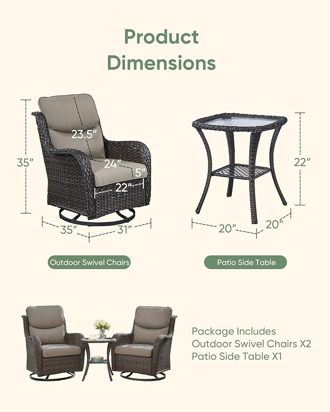 HUMMUH High Back Outdoor Swivel Rocker Patio Chairs Set of 2, with 5-Inch Thick Cushions and Side Table,All-Weather Patio Furniture for Porch,Poolside, Deck, and Yard