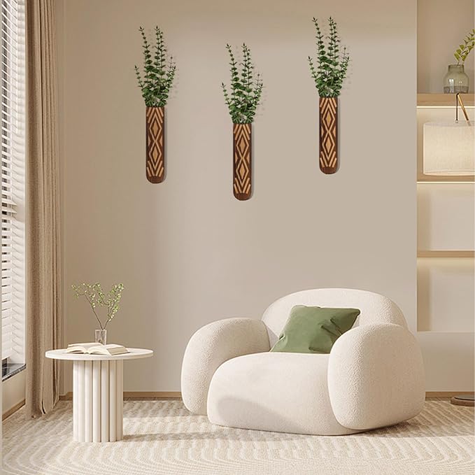 Wooden Wall Planter Set of 3 - Modern Bohemian Home Decor for Living Room, Bedroom, Bathroom - Versatile Walnut Finish Planter for Dried Flowers, Faux Greenery, and Indoor Plants