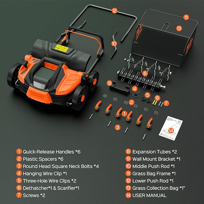 16-Inch 15.5 Amp 2-in-1 Electric Dethatcher and Scarifier with 14.5-Gallon Removable Thatch Collection Bag, Lawn Dethatcher with 5-Position Adjustment, Quick-Fold, Keeps Lawn Healthy - Orange