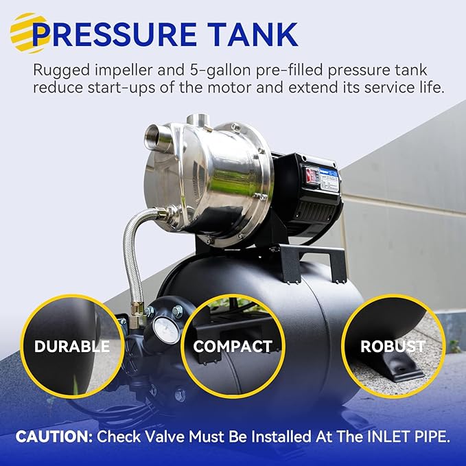 Acquaer 1.6 HP Shallow Well Pump with Pressure Tank, Stainless Steel, 1320 GPH 115V Irrigation, Automatic Water Booster Jet Pump for Home, Garden, Lawn