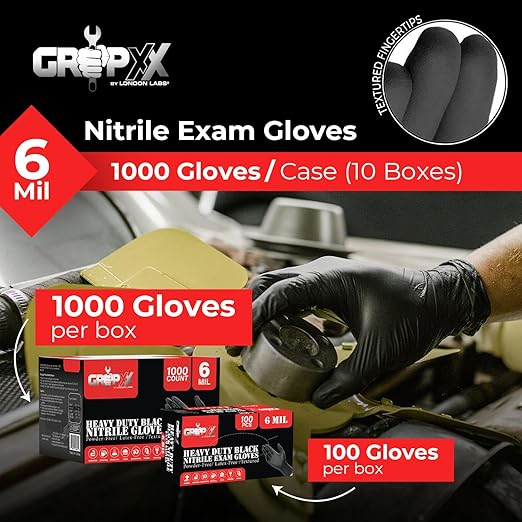 Heavy Duty 6 Mil Black Nitrile Gloves - Disposable, Latex & Powder Free | Mechanic, Food Prep & Tattoo | Rubber Gloves for Cooking, Cleaning & Household | Pack of (100)