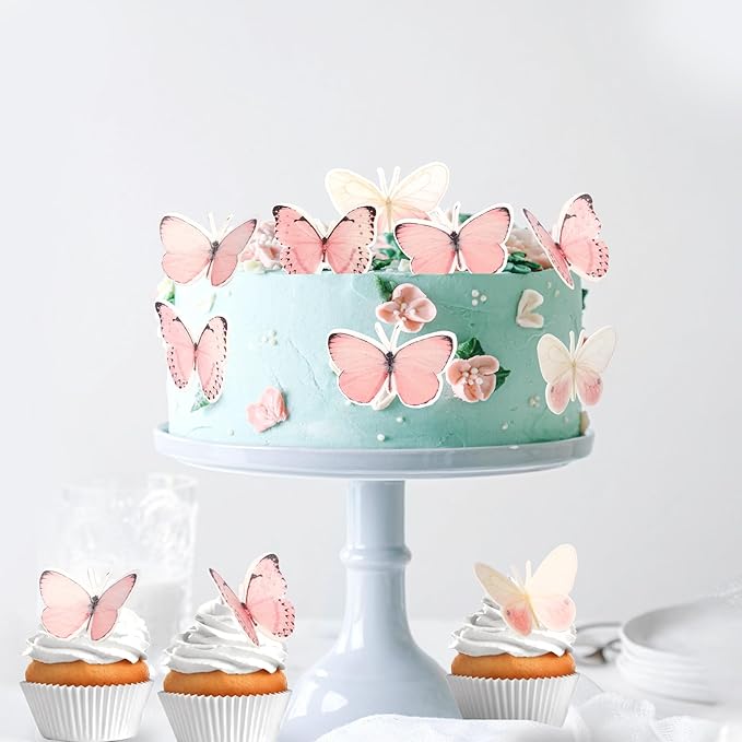 60 PCS Butterfly Cupcake Toppers Edible Butterfly Cake Decorations Edible Butterflies Cupcake Picks for Butterflies Theme Baby Shower Happy Birthday Party Cake Decoration Supllies Pink