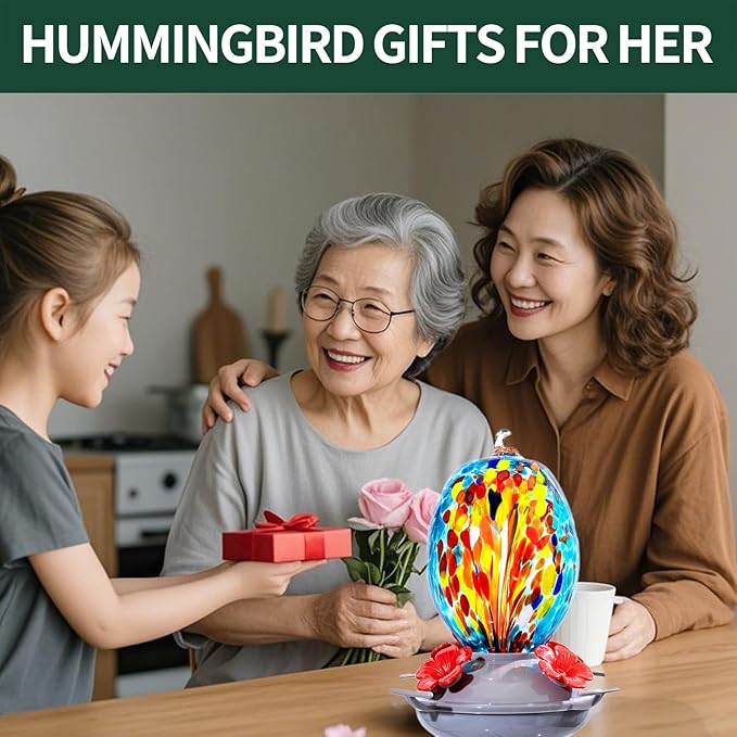 Muse Garden Hand Blown Glass Hummingbird Feeder - 19OZ Plastic Base Humming Bird Feeders for Outdoors Hanging, Garden Decor Gifts for Bird Lovers, Blue Fireworks