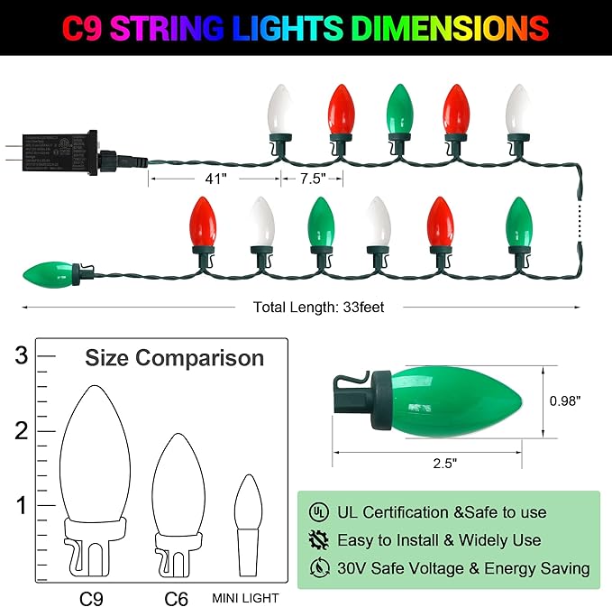HAYATA C9 Bulbs Christmas Lights 50 LED 36ft Strawberry String Light Red&White&Green - Fairy Lighting for Outdoor, Indoor, Garden, Yard, Party, Home, Wreath, Garland, Christmas Tree Decorations