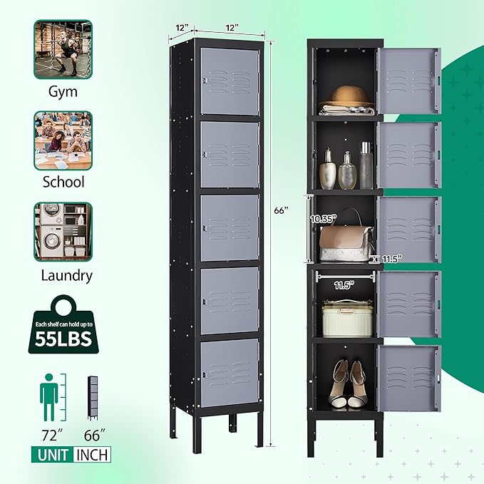 Letaya Metal Locker for Employees,5 Tiered Lockable Storage Organizer Steel Wall Lockers for Work,School,Gym,Home,Office,Staff,Kid Room (5 Door-Black Gray)
