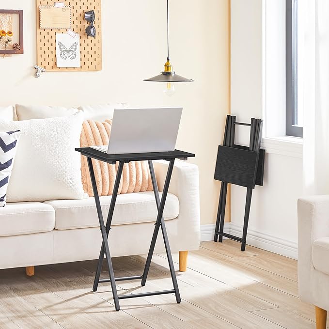 HOOBRO Folding TV Tray Table, Set of 2 Wooden TV Tray, Portable Sofa Side Snack Table, Industrial Desk for Small Spaces, Space-Saving, Easy to Install and Fold, Black BB27BZP201