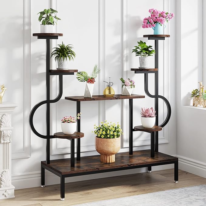Tribesigns 8-Tier Metal Plant Stand, Large Tall Plant Shelf for Multiple Plants, Round & Square Boards, Wood Indoor Ladder Holder Flower Rack for Living Room, Patio, Balcony (Rustic Brown & Black)