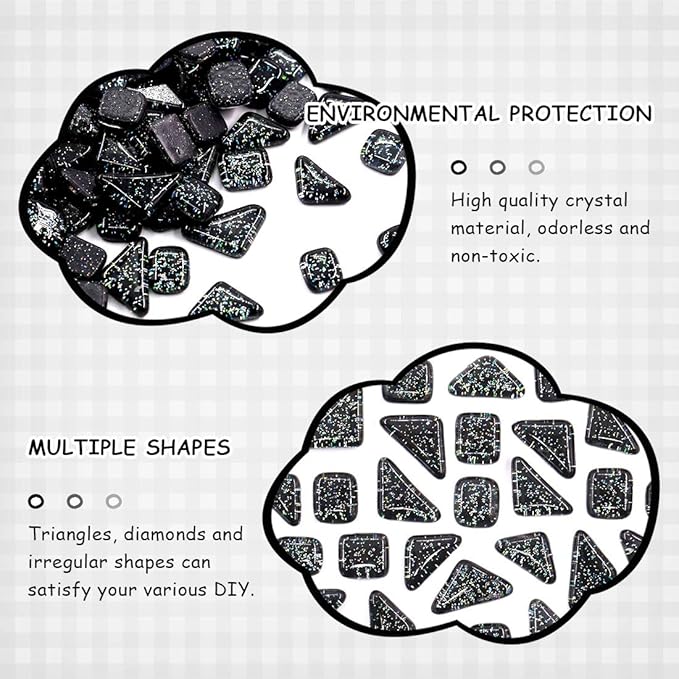 Swpeet 1 Pound Black Shine Crystal Series Mosaic Tiles Assortment Kit, Square and Triangle Genuine Mosaic Tiles Glitter Crystal Mosaic Perfect for Home Decoration Crafts