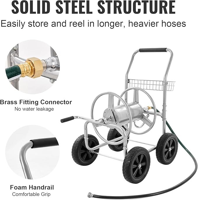 VEVOR Hose Reel Cart, Hold Up to 300 ft of 5/8’’ Hose, Garden Water Hose Carts Mobile Tools with 4 Wheels, Heavy Duty Powder-Coated Steel Outdoor Planting with Storage Basket, for Garden, Yard, Lawn
