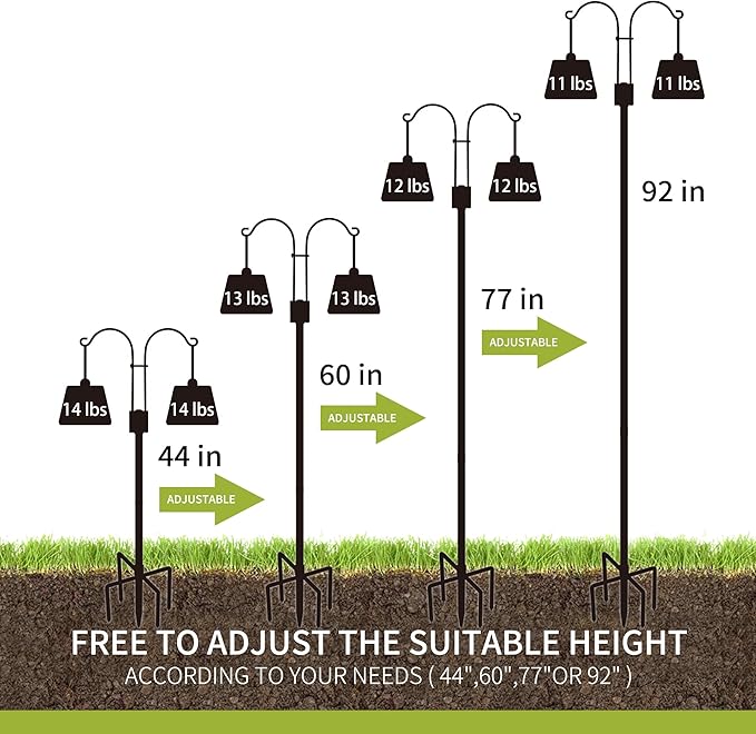 XDW-GIFTS Double Shepherds Hooks for Outdoor, 2-Pack Heavy Duty Garden Pole for Hanging Bird Feeder, Plant Baskets, Solar Light Lanterns, Garden Plant Hanger Stands with 5 Base Prongs