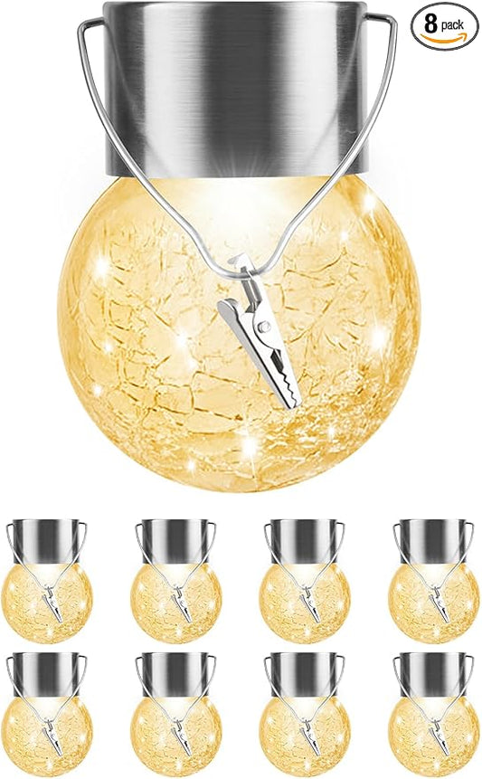 Solar Lights Outdoor Hanging Decorative Globe 8 Pack, Waterproof Solar Lantern with Handle and Clip, Solar Powered Glass Ball Lights for Garden Yard Fence Tree Umbrella Holiday Décor, Warm White